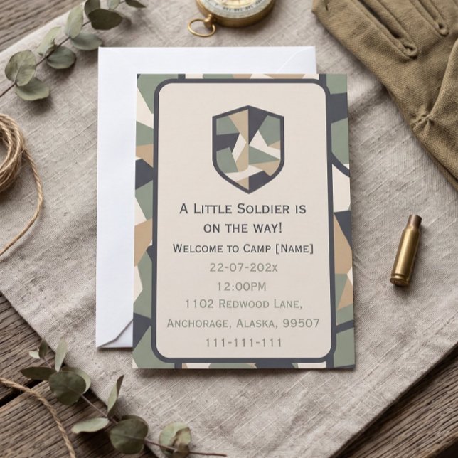 Convites Camuflagem Geométrica Militar Moderna (Modern Geometric Camo Military Baby Shower Invitation)