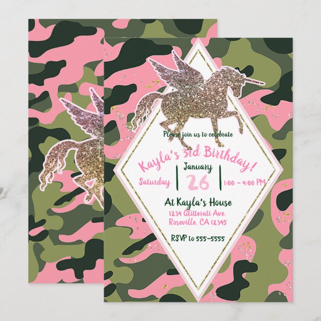 Convites Camuflagem Rosa Verde Camo e Festa de Unicórnio Do (Frente/Verso)