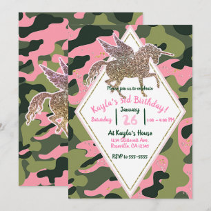 Convites Camuflagem Rosa Verde Camo e Festa de Unicórnio Do