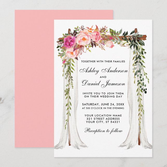 Convites Cana-de-Casamento Cana-de-Água Floral Cor-de-Rosa (Frente/Verso)