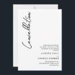 Convites Cancelamento de Casamento Branco Negro Moderno Lim<br><div class="desc">Um anúncio de cancelamento de casamento preto-e-branco em um design limpo,  minimalista,  sem disparates com um roteiro de assinatura grosseiro para informar seus convidados que o casamento não acontecerá mais.</div>