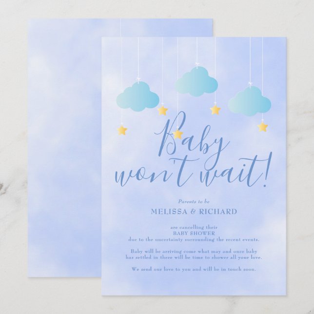 Convites Cancelamento de Chá de Bebê Azul por Envio Postal (Frente/Verso)