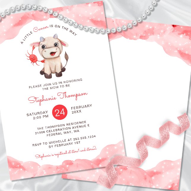 Convites Cancer Celestial Astrologia Chá de fraldas Vermelh (Celestial Cancer Astrology Red Baby Shower Invitation)