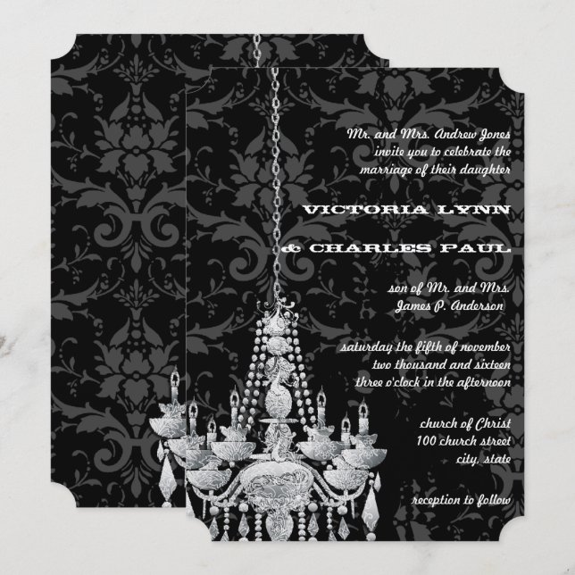 Convites Candelabros Prateados e Cinzas Casamento Vitoriano (Frente/Verso)