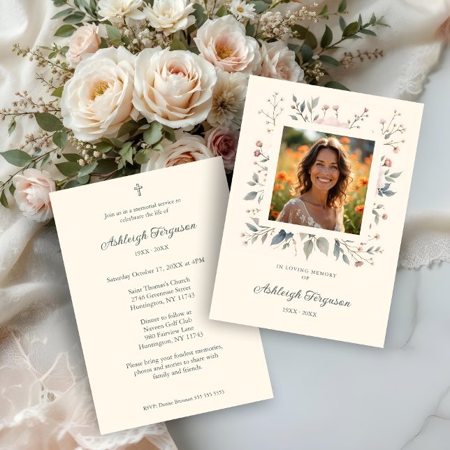 Convites Candid Delicate Pastel Floral Frame Photo Funeral  (Candid Delicate Floral Frame Photo Funeral Invitations Cards in Soft Pastel Colors.)