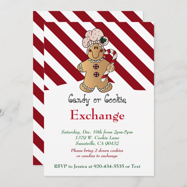 Convites Candy Cane Gingerbird Cookie & Candy Exchange (Frente/Verso)