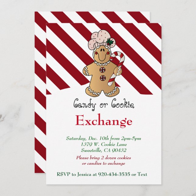 Convites Candy Cane Gingerbird Cookie & Candy Exchange (Frente/Verso)