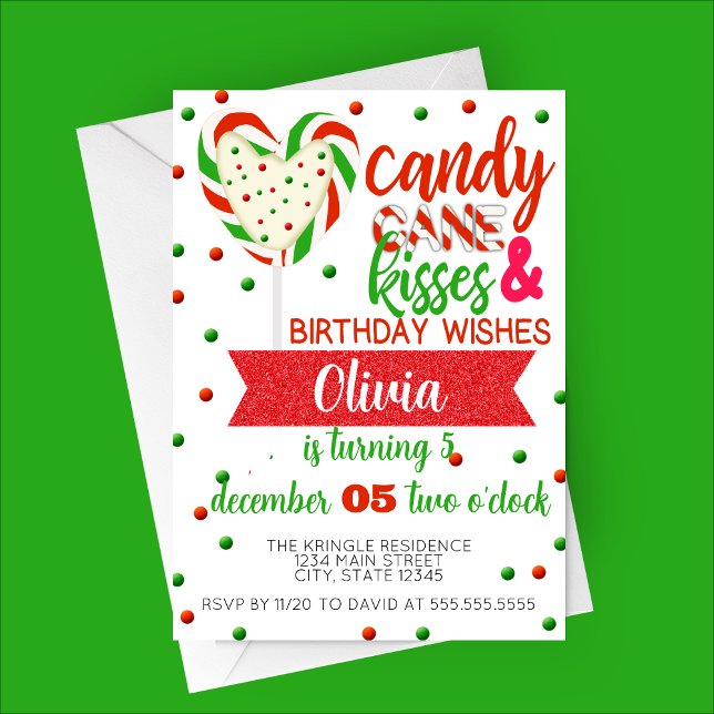 Convites Candy Cane Kisses Festa de Aniversário (Candy Cane Kisses and Birthday Wishes | Candy Cane Heart Candy Birthday Party Invitation)