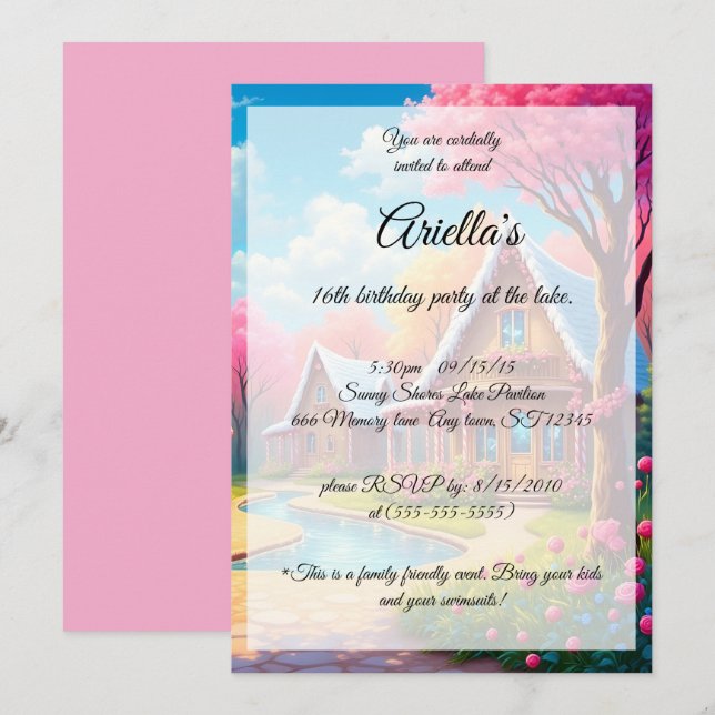 Convites Candy Colour Lake House Sweet 16 Aniversário (Frente/Verso)