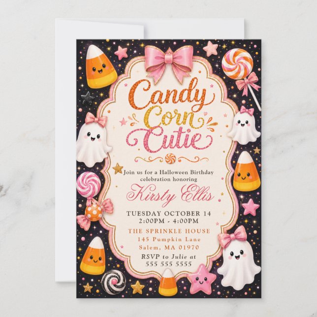 Convites Candy Corn Doce Aniversário de Halloween (Frente)
