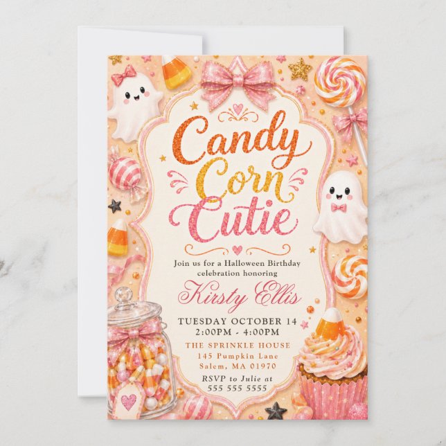 Convites Candy Corn Fofo Aniversário de Halloween (Frente)