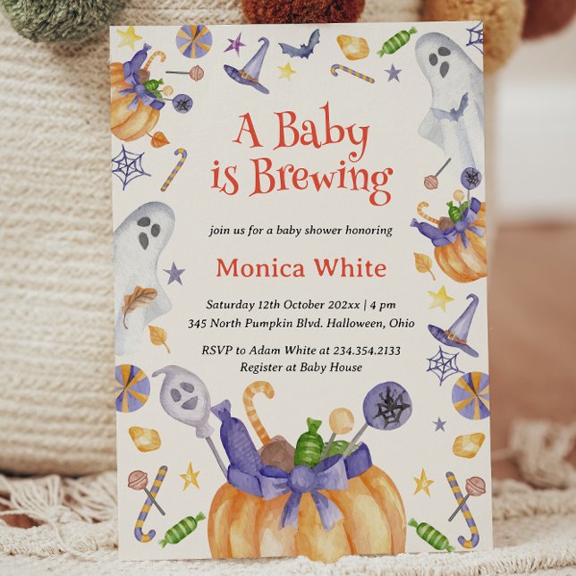 Convites Candy Pumpkin Fantasma Halloween Bebê Chá (Candy Pumpkin Ghosts Halloween Baby Brewing Shower Invitation)