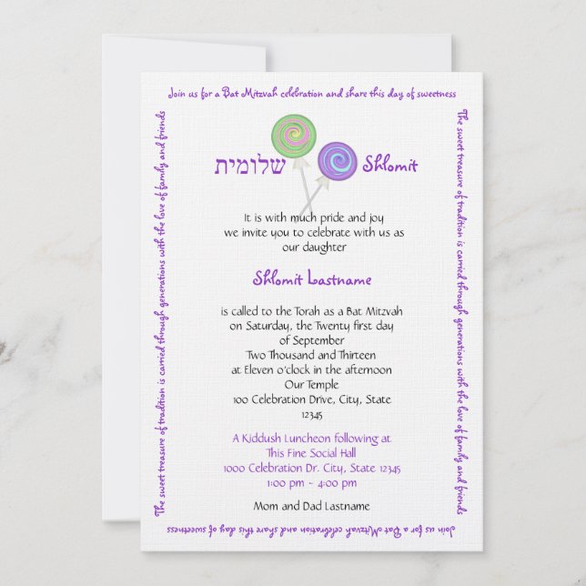 Convites Candy Treasures Bat Mitzvah (Frente)