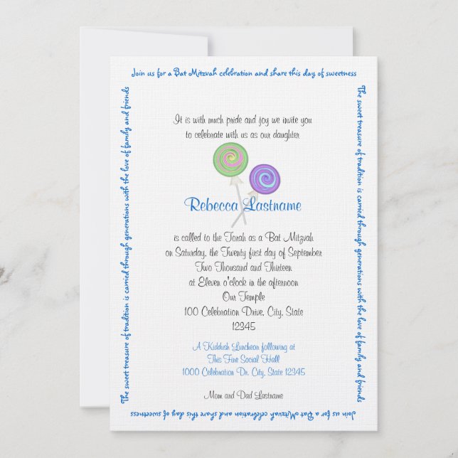 Convites Candy Treasures Bat Mitzvah Blue (Frente)