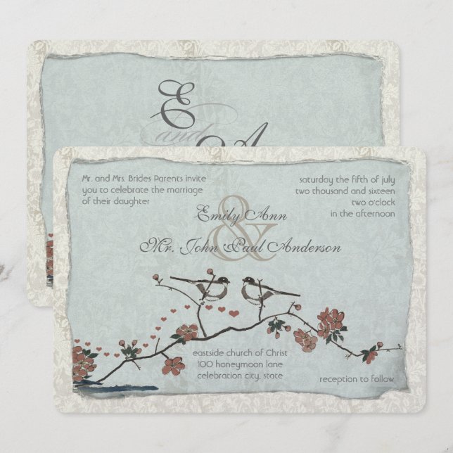 Convites Canela e Casamento tema damasco de Pássaros Azuis (Frente/Verso)