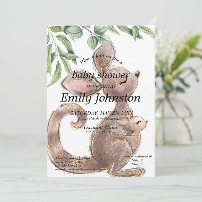 Convites Canguru Pintado Chá de fraldas Neutro de Gênero (Em pé/Frente)