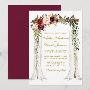 Convites Canopia de Casamento Borgonha Dourada Floral