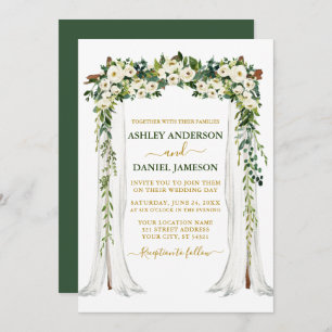 Convites Canopia de Casamento Dourado Floral Verde-Aquarela