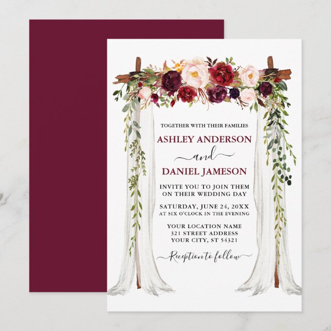 Convites Canopia de Casamento Floral de Watercolor Burgundy (Frente/Verso)