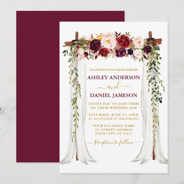 Convites Canopia de Casamento Floral de Watercolor Burgundy (Frente/Verso)