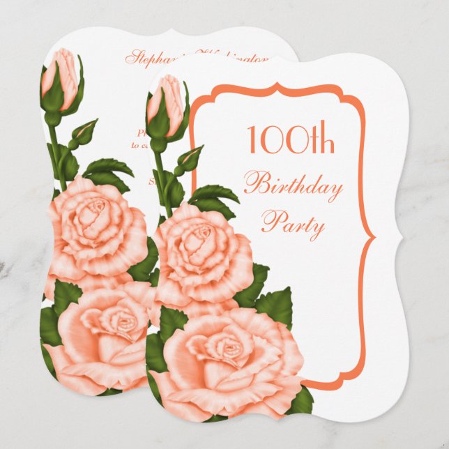 Convites Canto Chic Rosas Coral 100º Aniversário (Frente/Verso)
