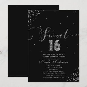 Convites Canto de Confetes Preto e Prata para SWEET 16 Deze