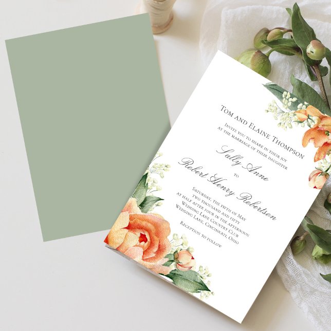 Convites Canto Floral de Pêssego Vegetação Script Elegante (Elegant peach floral wedding design shown on mobile, perfect for modern sharing and digital previews)