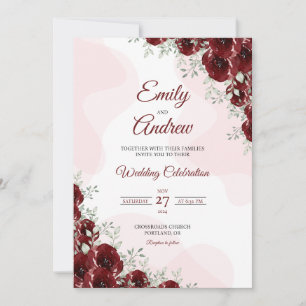 Convites Canto Rosa Profunda Floral Aquarela Casamento Eleg
