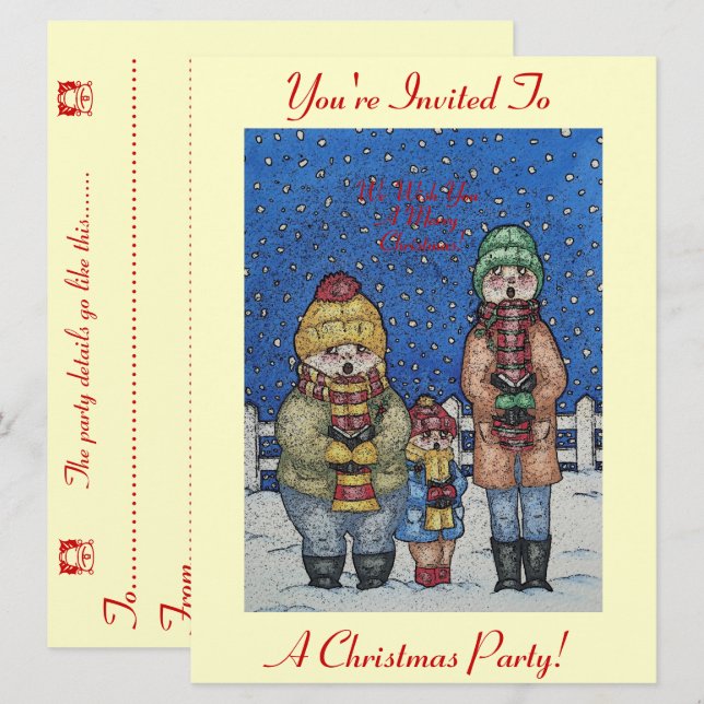 Convites cantores engraçados da cena da neve, Natal (Frente/Verso)