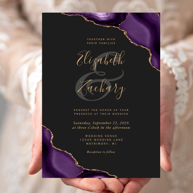 Convites Cantos de Ágata Dourada Roxa Casamento Sombrio (Criador carregado)