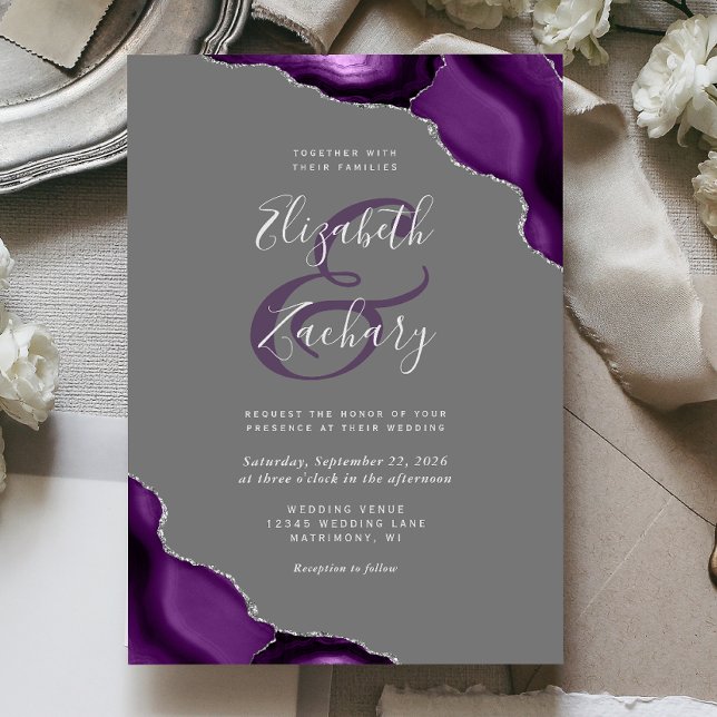 Convites Cantos de Ágata Prata Roxo Casamento Cinza (Criador carregado)