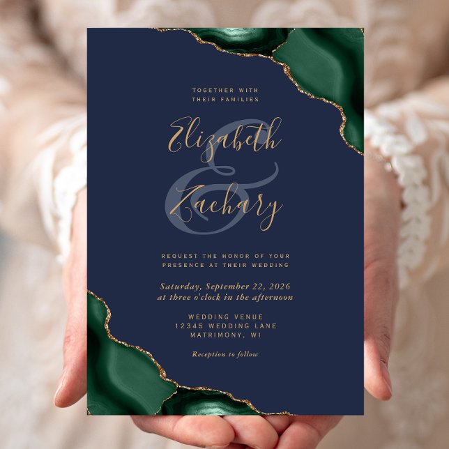 Convites Cantos de Ágata Verde Esmeralda Casamento Azul Nav (Criador carregado)