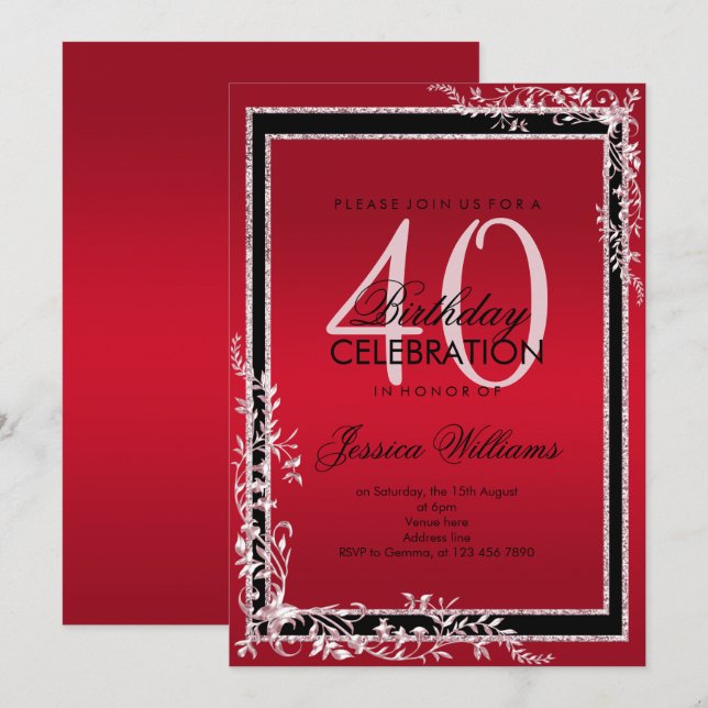 Convites Cantos Decorativos Ruby & Black Aniversário (Frente/Verso)