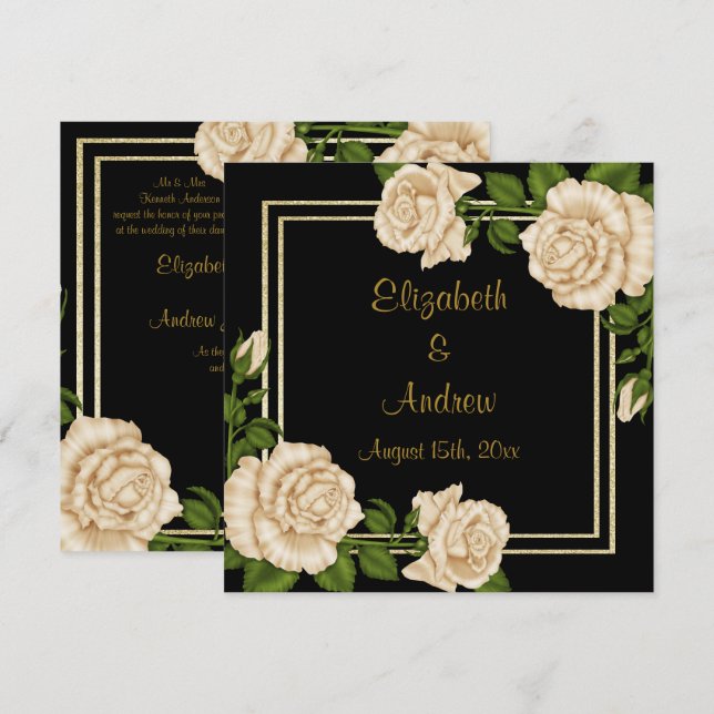 Convites Cantos Elegantes de Rosas Marfim em Bouquets de Ca (Frente/Verso)