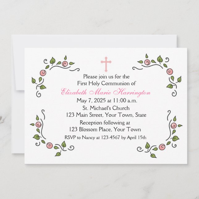 Convites Cantos Florais Rosa, Religiosos (Frente)