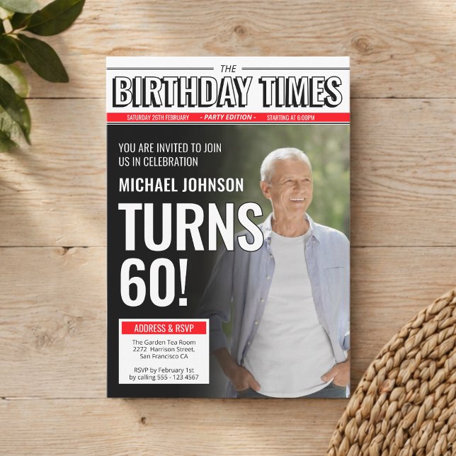 Convites Capa de Jornal Personalizada com Foto Moderno para (Custom Photo Modern Newspaper Cover 60th Birthday Invitation)