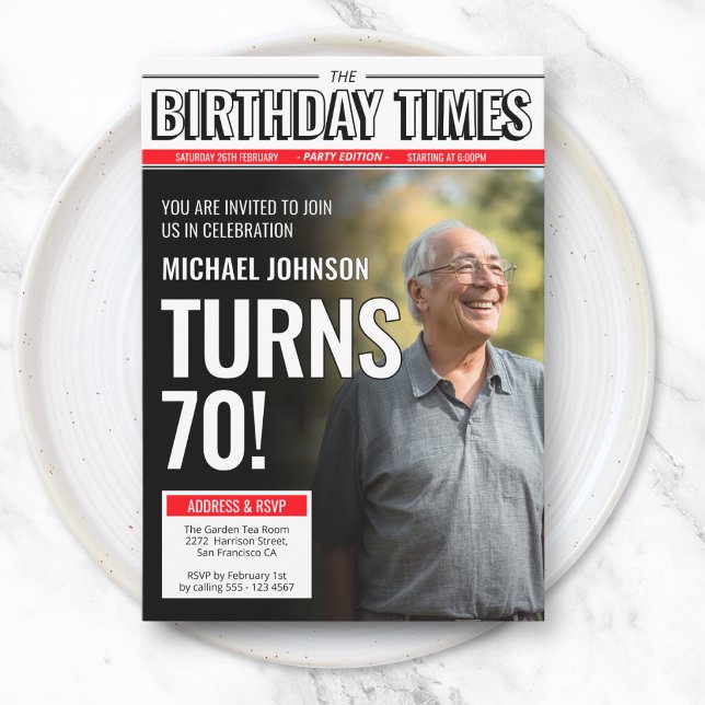 Convites Capa de Jornal Personalizada Moderna com Foto para (Modern Custom Photo Newspaper Cover 70th Birthday Invitation)