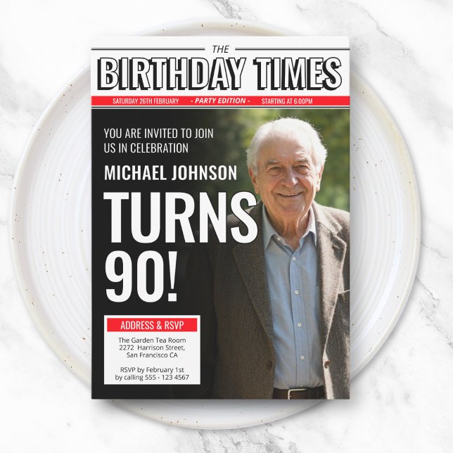 Convites Capa de Jornal Personalizada Moderna para os 90 An (Modern Custom Photo 90th Birthday Newspaper Cover Invitation)