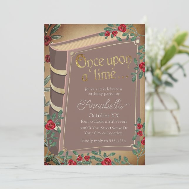 Convites Capa de Livro de Conto de Fadas com Rosas Vermelha (Em pé/Frente)