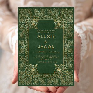 Convites Capa de Livro Verde Dourado Vintage para Casamento