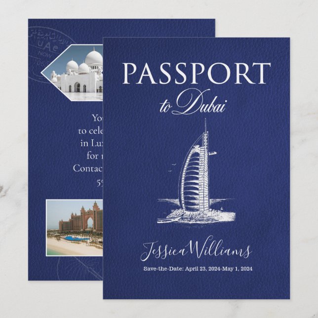 Convites Capa de Passaporte de Couro Dubai Save the Date (Frente/Verso)