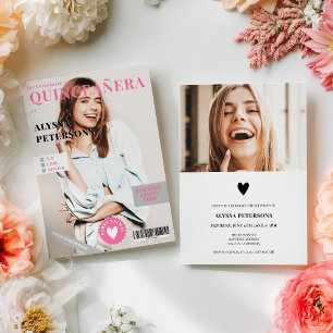 Convites Capa de revista 2 fotos rosa Quinceanera moderna