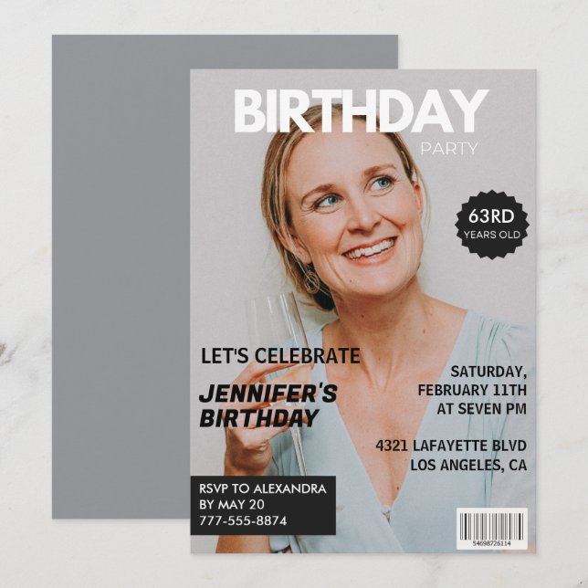 Convites Capa de Revista Elegante para sua Foto de 63º aniv (Frente/Verso)