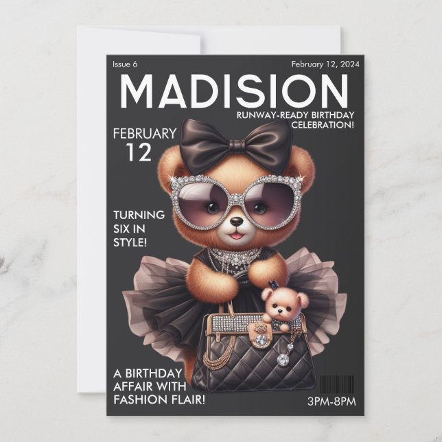 Convites Capa de Revista Moda Urso de Pelúcia Aniversário (Frente)