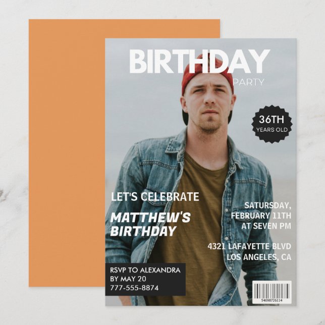 Convites Capa de Revista Moderna para ele 36º aniversário (Frente/Verso)