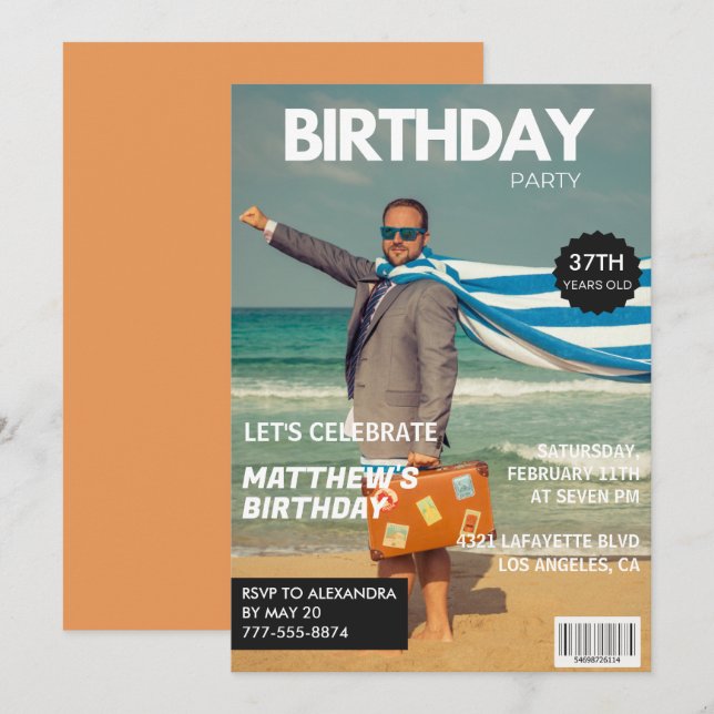 Convites Capa de Revista Moderna para ele 37º aniversário (Frente/Verso)