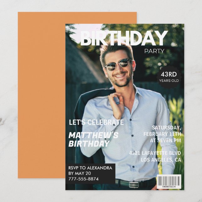 Convites Capa de Revista Moderna para ele 43º aniversário (Frente/Verso)