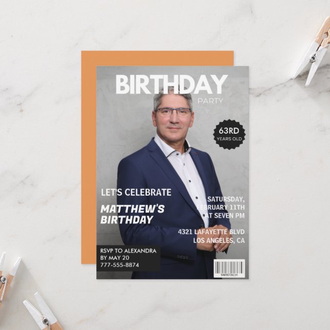 Convites Capa de Revista Moderna para ele 63º aniversário (Frente/Verso In Situ)