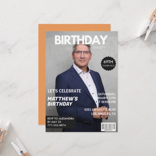 Convites Capa de Revista Moderna para ele 69º aniversário (Frente/Verso In Situ)