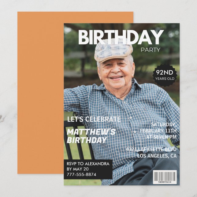 Convites Capa de Revista Moderna para ele Foto de 92º anive (Frente/Verso)